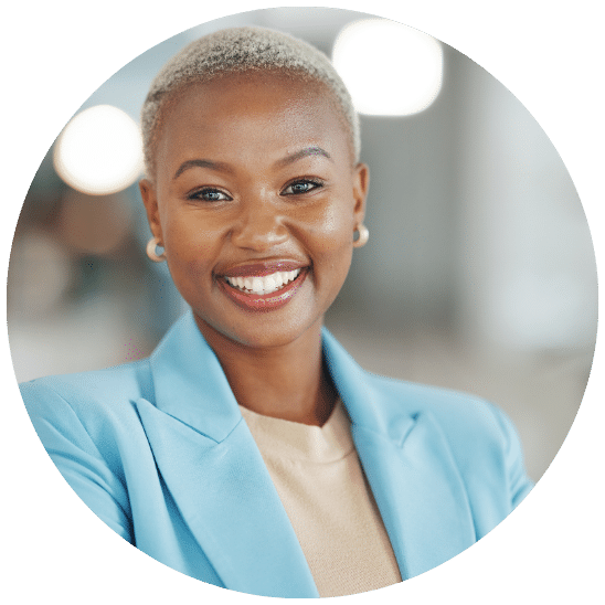 Smiling woman in light blue blazer