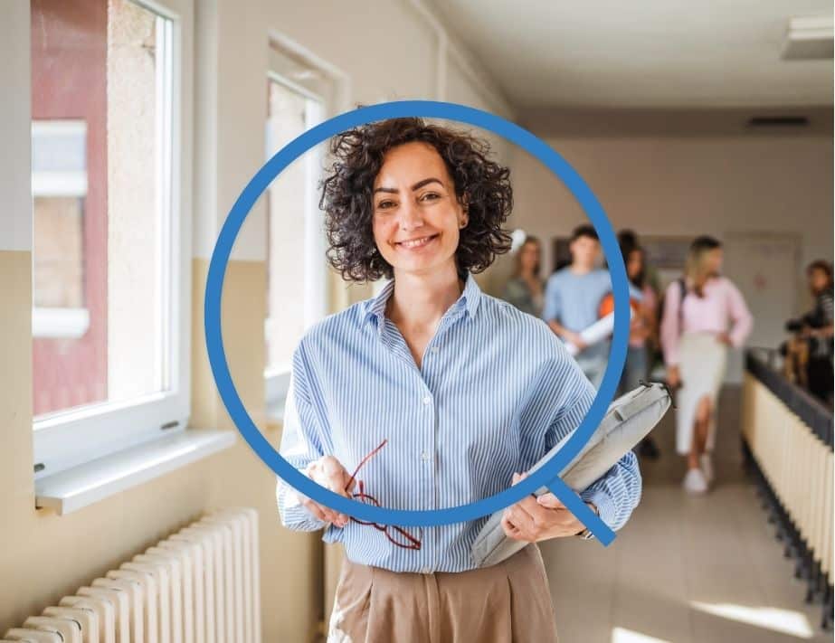 Teacher walking confidently down the hallway