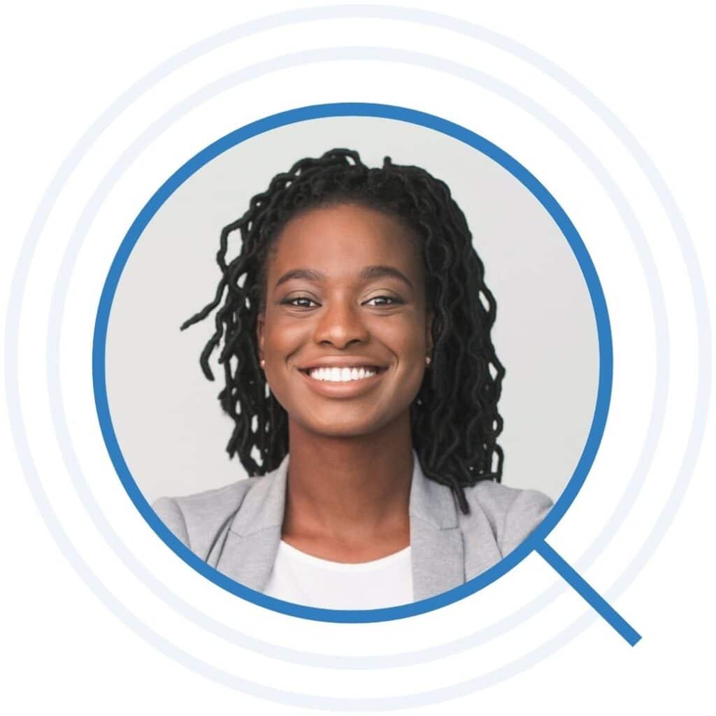 Successful smiling woman in gray blazer