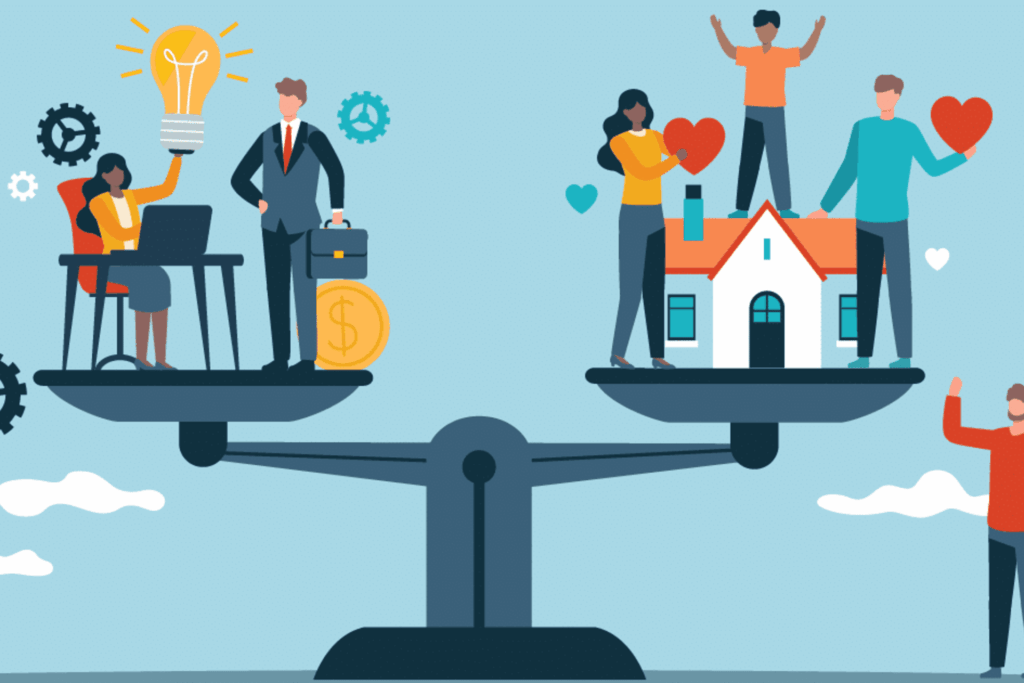 A balanced scale holding a family and home on one side and two colleagues at a desk on the other side