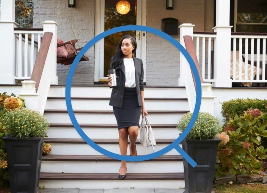 Woman walking down steps for work