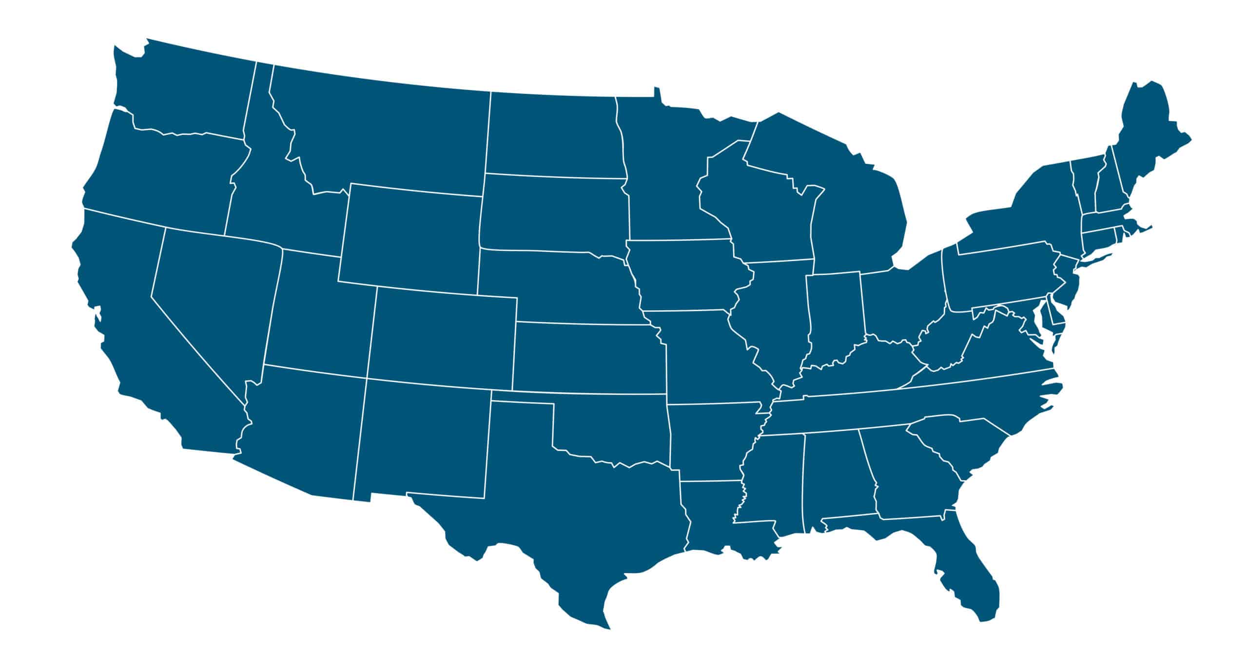 All blue map of the United States of America with each state border outlined in white.