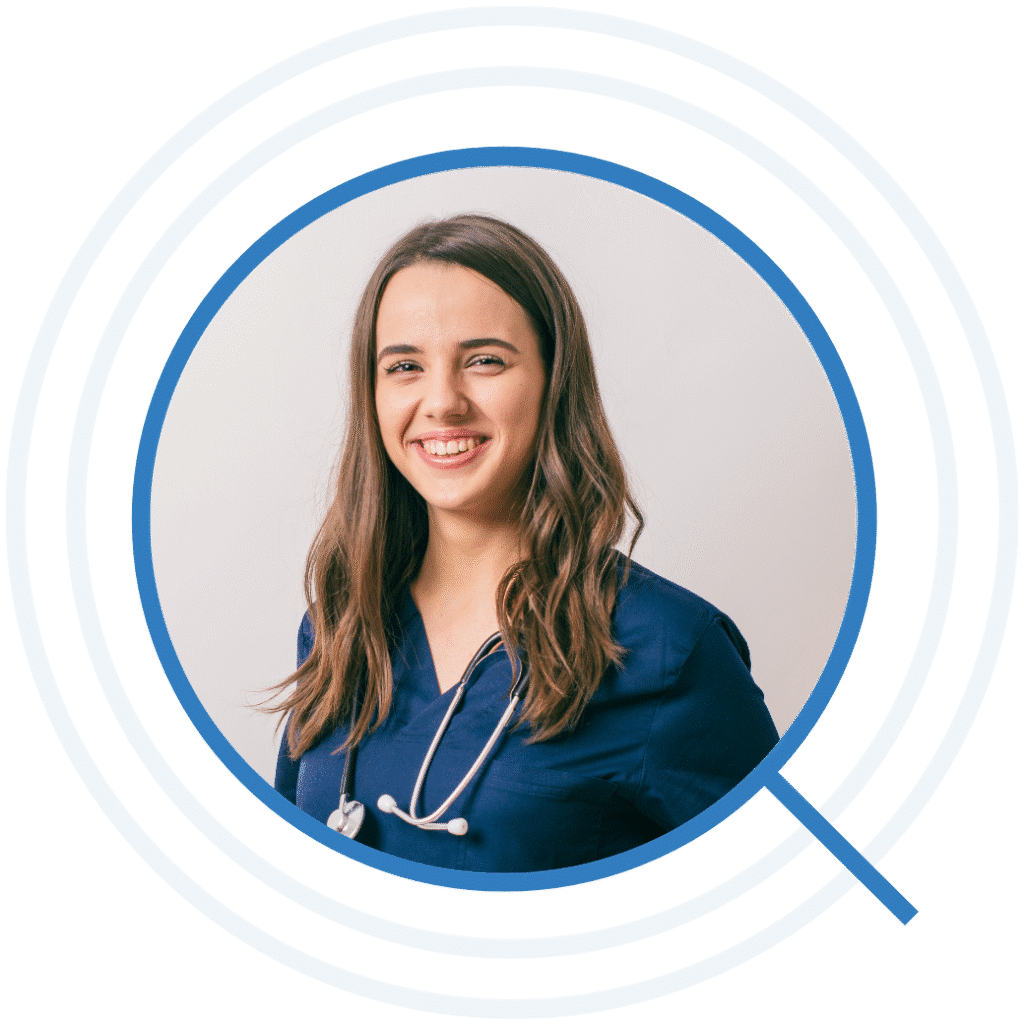 Smiling nurse wearing navy scrubs and a stethoscope featured in a school nursing careers graphic.