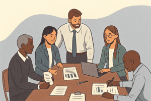 Illustration of a diverse group of professionals sitting around a table in a meeting. They are reviewing charts and documents, with one person working on a laptop and another writing notes, symbolizing collaboration and strategic planning.