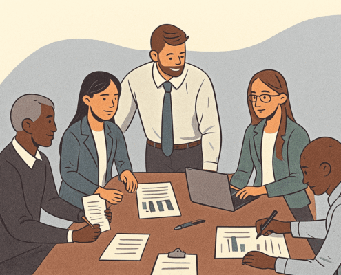 Illustration of a diverse group of professionals sitting around a table in a meeting. They are reviewing charts and documents, with one person working on a laptop and another writing notes, symbolizing collaboration and strategic planning.
