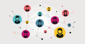 Colorful network of connected user icons in circles.