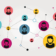 Colorful network of connected user icons in circles.
